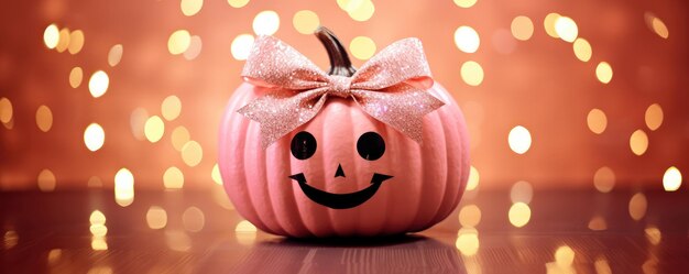 Photo cute pink little pumpkin with ribbon bow for little girl idea for diy pumpkin decor for halloween