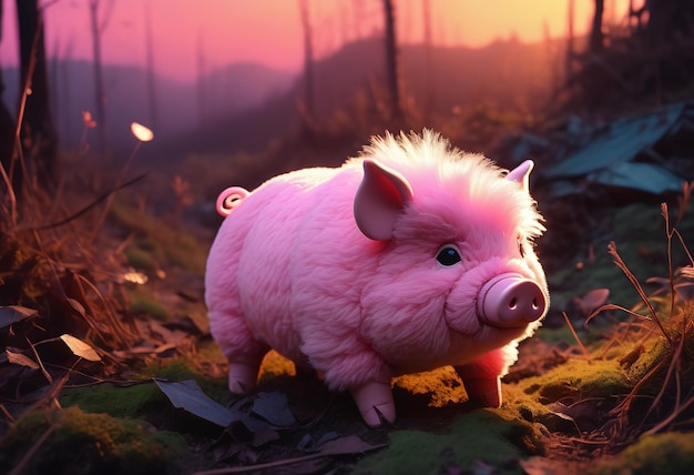 A cute pink pig standing in the woods