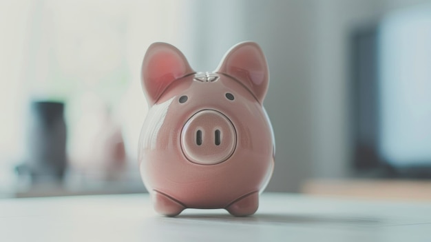 Cute pink piggy bank on a white table