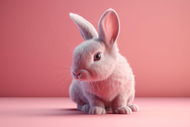 Cute pink rabbit on pink background Easter holiday concept Copy space