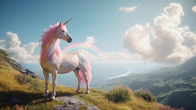 cute pink rainbow unicorn standing proudly on a mountain top overlooking a breathtaking landscape