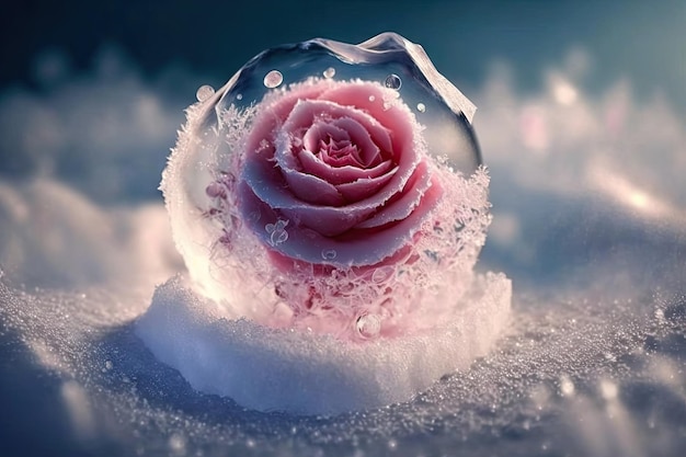 Cute pink romantic rose flower in transparent ice crystals background frozen rose created with gener