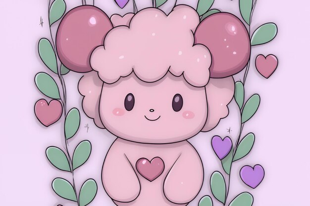 Photo cute pink sheep holding heart with vines and hearts