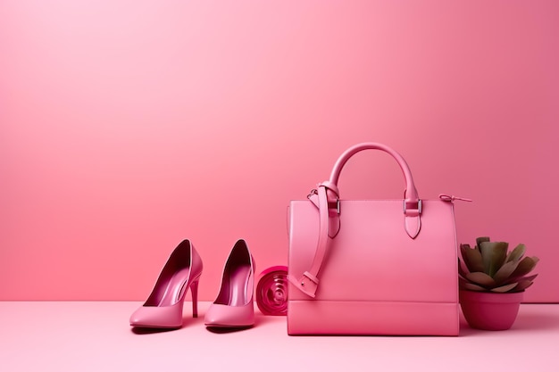 Cute pink shoes and bag with copy space pink color pink background pink world Ai Generated