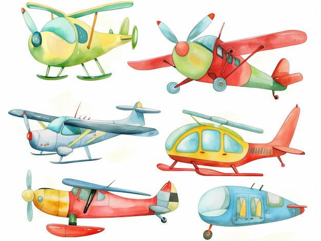 Cute Pink Watercolor Plane and Helicopter Set Watercolor set of cute airplanes and helicopters for cute baby design