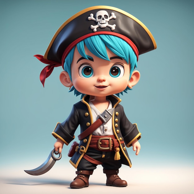 Cute Pirate Boy With Blue Hair Wearing A Pirate Costume 3D Illustration