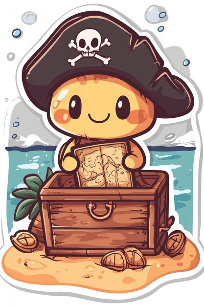 Photo cute pirate turtle holding treasure map and chest