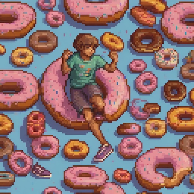 Cute pixel art of a boy perched on a colossal donut amidst a sea of delicious donuts