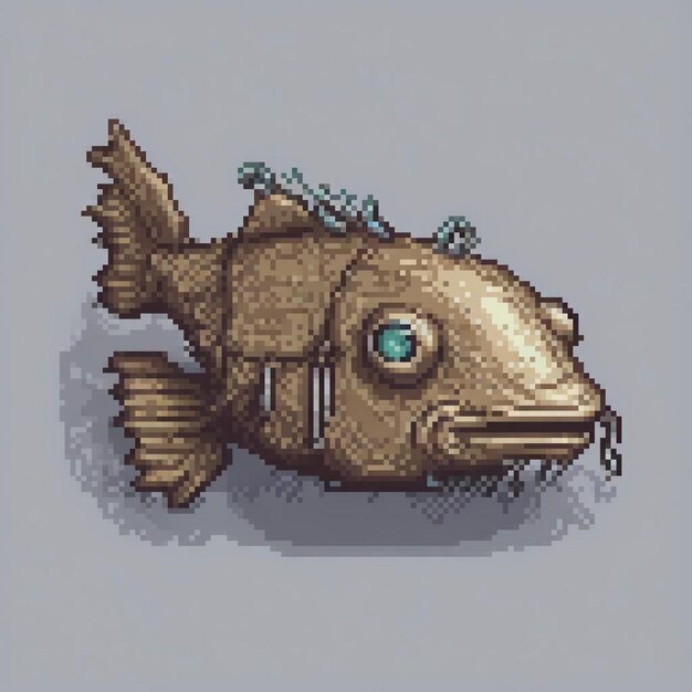 Cute pixel art fish with a distinctive blue eye perfect for aquarium decoration or digital art