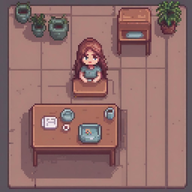 Cute pixel art girl at a desk in a cozy room