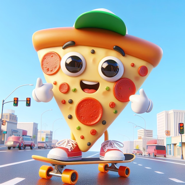 Photo cute pizza playing skateboard cartoon 3d