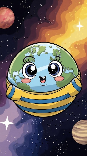 Photo cute planet earth in space cartoon style funny comic character