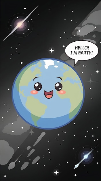 Cute planet earth in space cartoon style funny Comic character