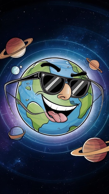 Cute planet earth in space cartoon style funny Comic character