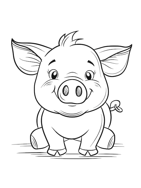 Cute and Playful Cartoon Pig in Black Outline Drawing for Easy Coloring Book for Small Kids