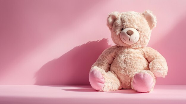 Cute plush bear with pink paws on pale background