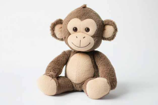 Cute plush monkey toy sitting against a soft white background in a cozy setting