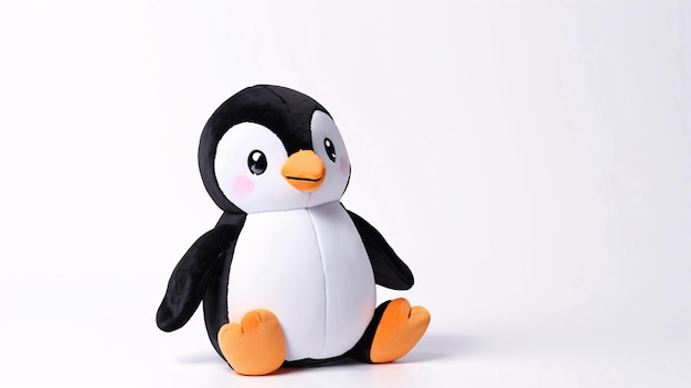 Photo cute plush penguin toy on white background