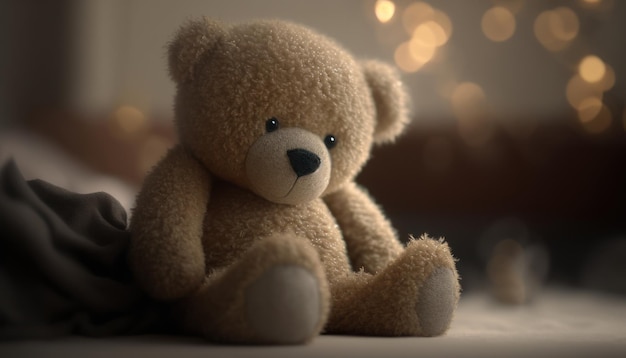 Cute plush toy Bear sits on the table soft warm lighting background blur