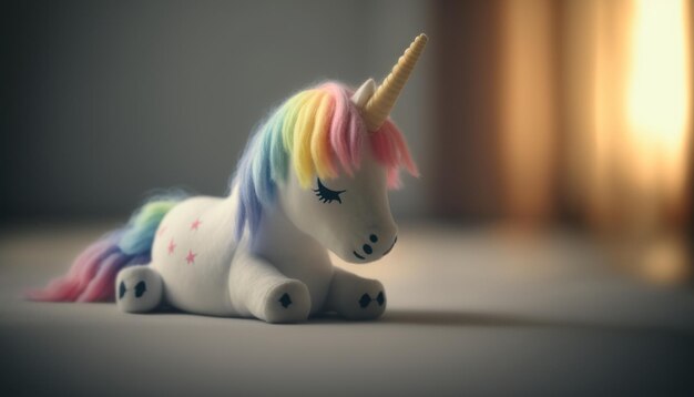 Cute plush toy unicorn sits soft warm lighting background blur