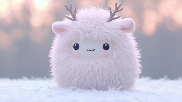 Cute Plush Toy with Antlers in a Winter Scene