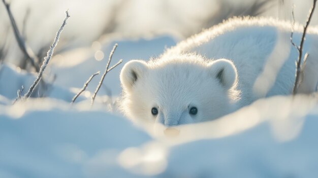 Photo cute polar bear cub in snowy habitat