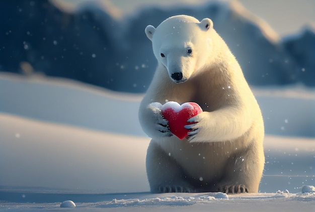 Cute Polar bear holding red heart lonely in north pole with snowfall background Animal and landscape concept Valentines day theme Generative AI