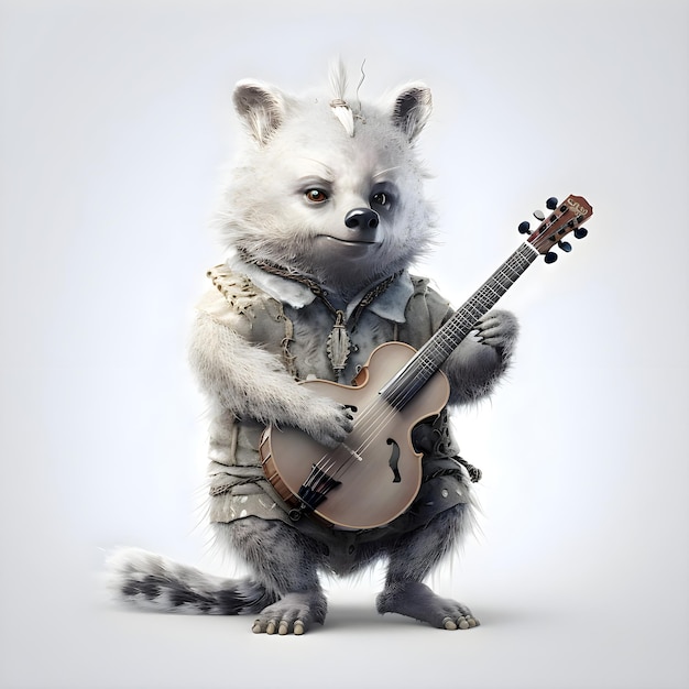 Cute polar bear with guitar on a gray background 3d illustration