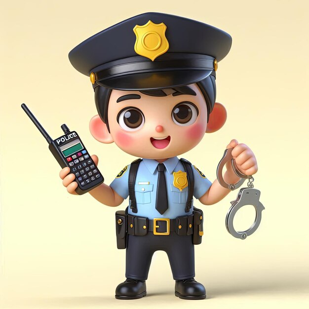 Photo cute police holding walkie talkie and handcuffs cartoon cartoon 3d