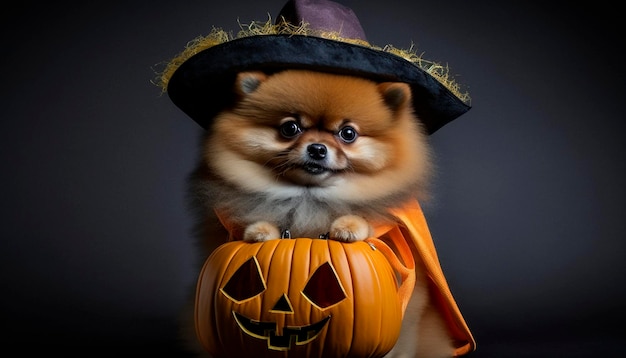 Cute Pomeranian dog dressed as a witch for Halloween