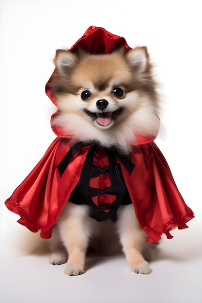 Cute Pomeranian wearing dracula red cloak isolated on a white background