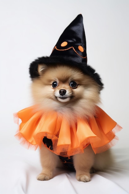 Cute Pomeranian wearing a witch costume for halloween