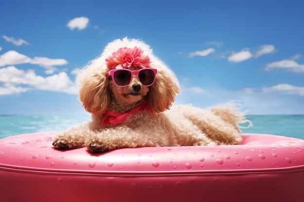 Photo cute poodle dog relaxing on inflatable ring at the beach generative ai