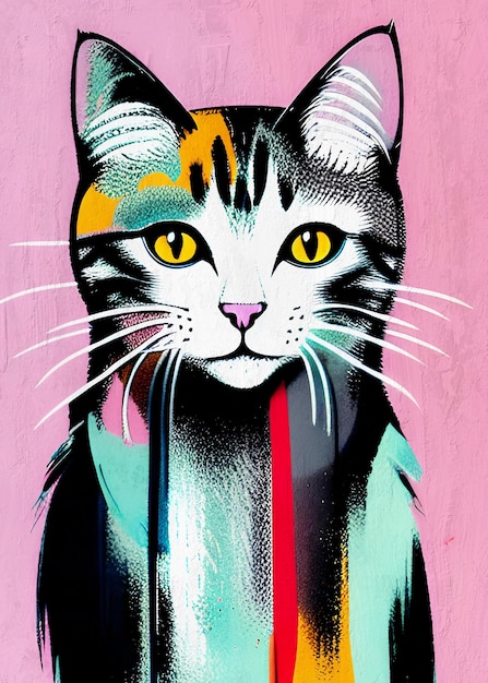 Cute Portrait of a Cat in Retro Style