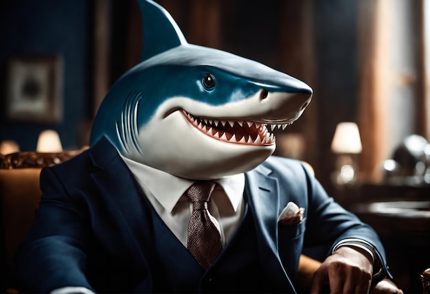 Cute Portrait of a happy shark dressed in a business suit and sitting in chair Copy space for text