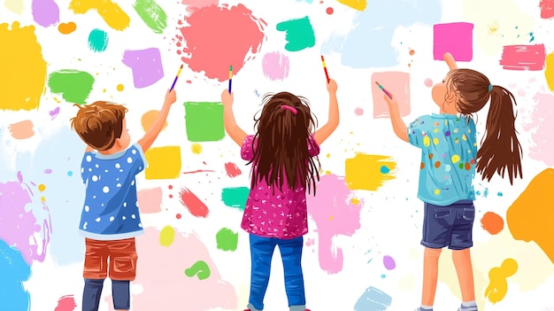 Photo cute preschool girl painting on wall