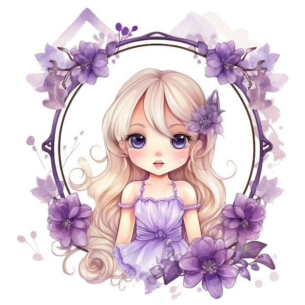 Cute princess cartoon watercolor hair blond frame violet