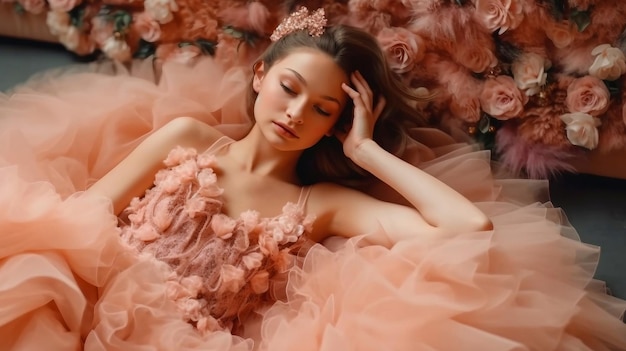 A cute princess girl model in a luxurious pink fluffy dress lies down on itLush pink dress