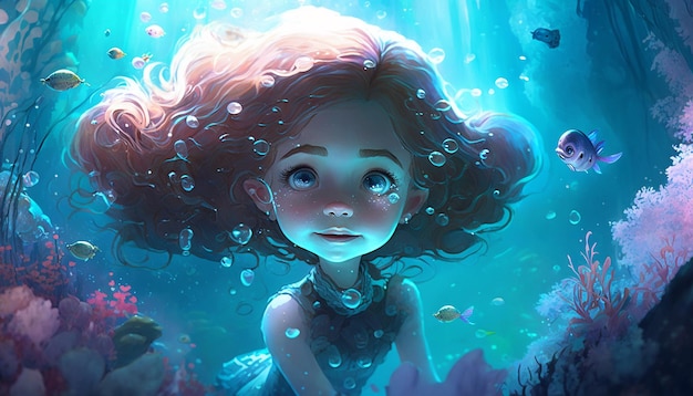 Cute princess underwater ink art image Ai generated art