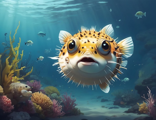 Cute puffer fish in the ocean beautiful Ai generative