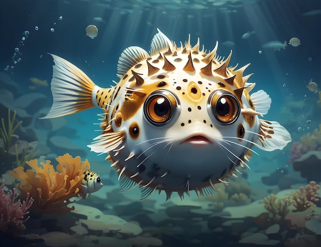 Cute puffer fish in the ocean beautiful Ai generative