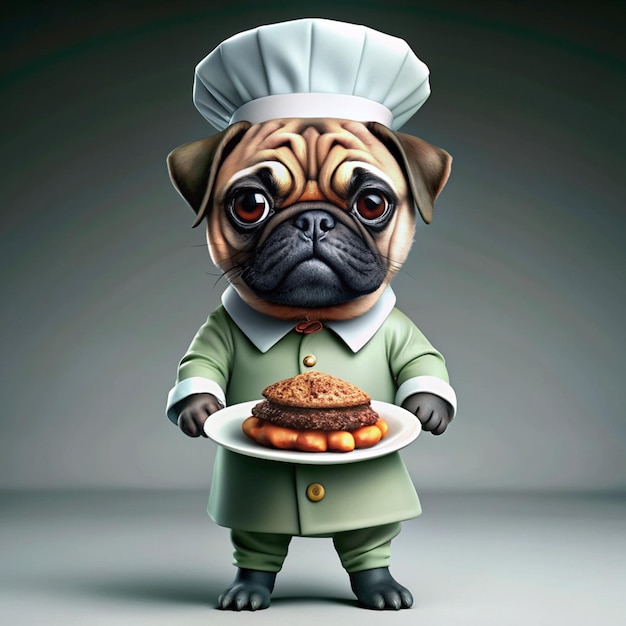 Photo cute pug dog chef holding meat steak cartoon vector icon illustration animal food icon concept isolated premium vector flat cartoon style