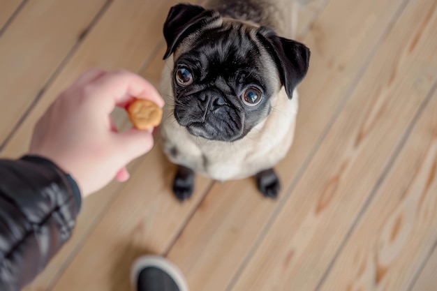 Photo cute pug expecting to eat a treat at home cute pug expecting to eat a treat at home teenage girl h