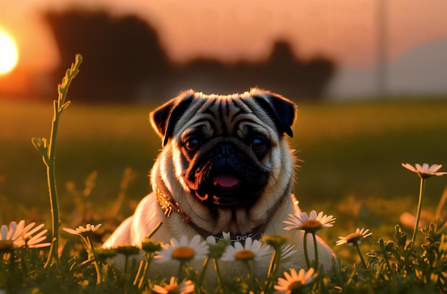 Cute pug on green lawn with daisies at sunset Sweet wrinkled dog on walk on green grass with wild flowers chamomiles Generative AI