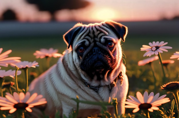 Cute pug on green lawn with daisies at sunset Sweet wrinkled dog on walk on green grass with wild flowers chamomiles Generative AI