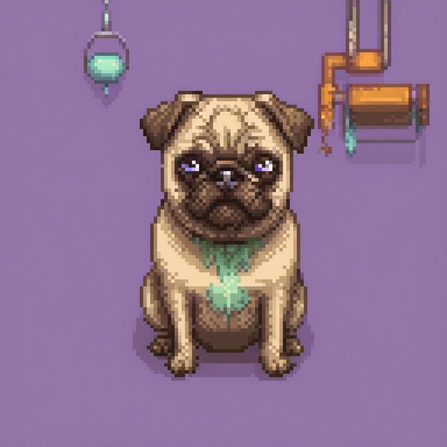 Photo cute pug in pixel art sitting against a vibrant purple backdrop