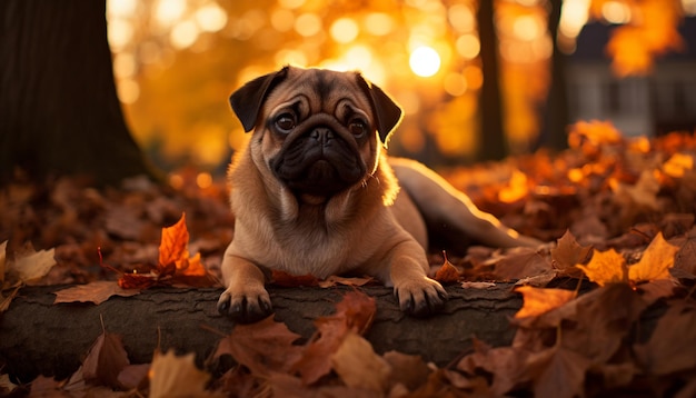 Cute pug puppy sitting in autumn forest playful and adorable generated by artificial intelligence