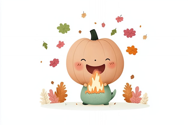 Photo cute pumpkin character blowing fire in autumn illustration