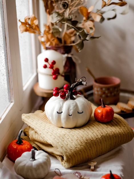 Cute pumpkin decorations beside the window. Autumn concept photography