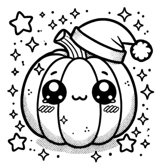 Photo cute pumpkin with santa hat and stars coloring page black and white line art illustration